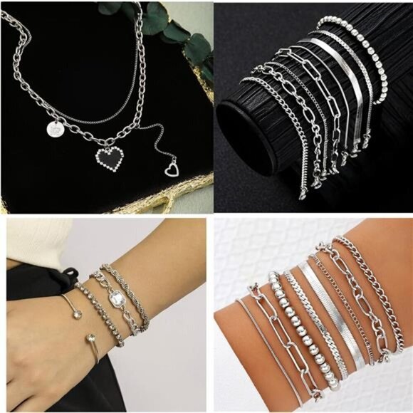 73 Pcs Gold Jewelry Set with 6Pcs Layered Necklace, 11 Pcs anklet and 7Pcs - Picture 4 of 8